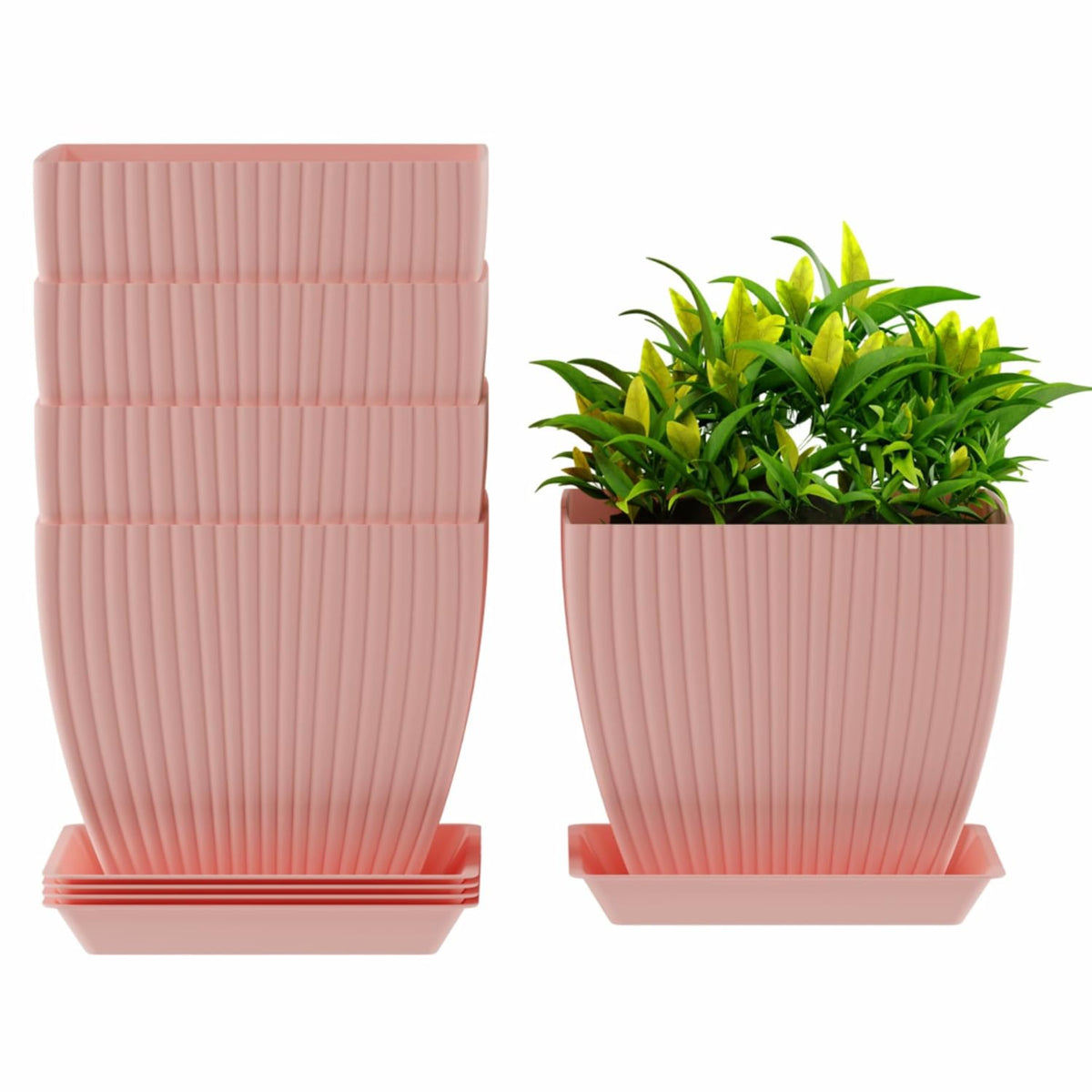 Set of 5 Plastic Round Flower Pots for Home Planters/Terrace, Garden/Suitable for Home Indoor & Outdoor/Gardening Pots for Plants/Plant pots for Balcony (Square, Baby Pink)
