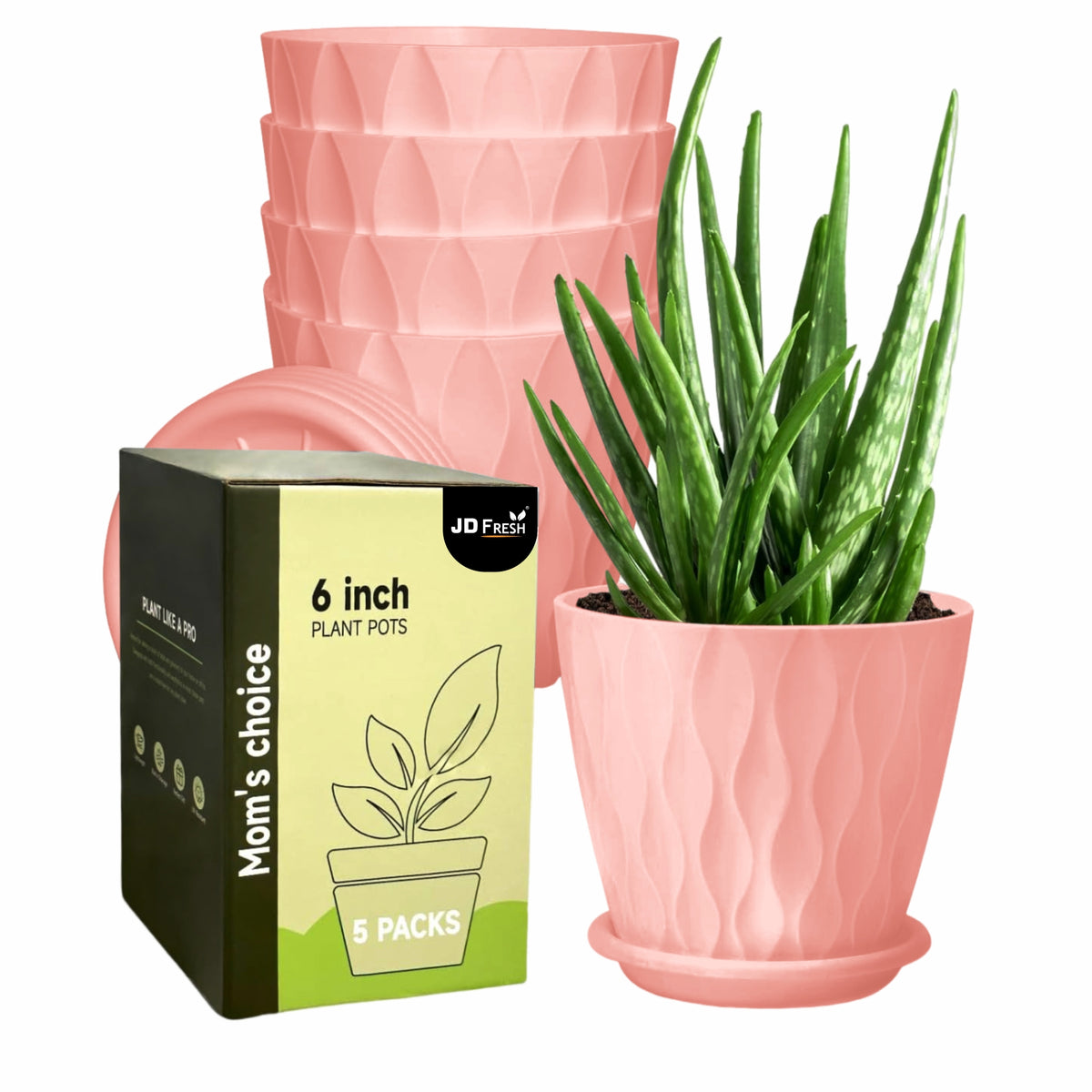 Set of 5 Plastic Round Flower Pots for Home Planters/Terrace, Garden/Suitable for Home Indoor & Outdoor/Gardening Pots for Plants/Plant pots for Balcony (Wave, Baby Pink)