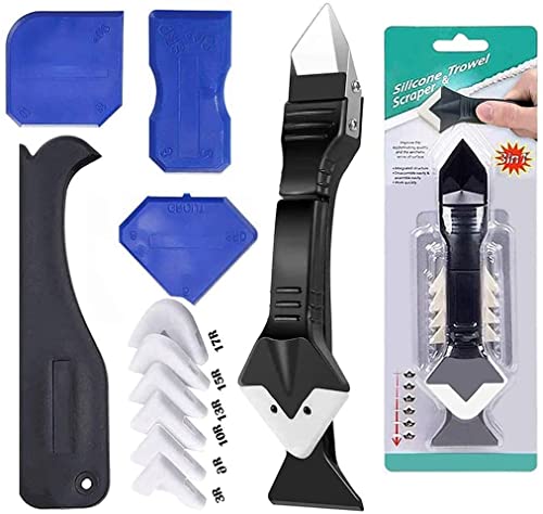 JD Fresh 5 in 1 Silicon Caulking Tool Kit (stainless steel head) Silicone Sealant Finishing Tool Grout Scraper, Reuse and Replace 5 Silicone Pads,Great Tools for Kitchen Bathroom Window,Sink Joint