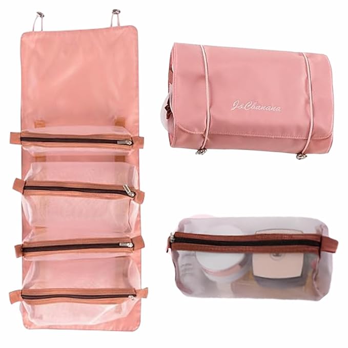 JD FRESH 4 in 1 Large Capacity Cosmetic Mesh Bag/Makeup Organizer/Toiletry Pouch for Men and Women/Portable Travel Bag/Makeup Essentials (Pink)