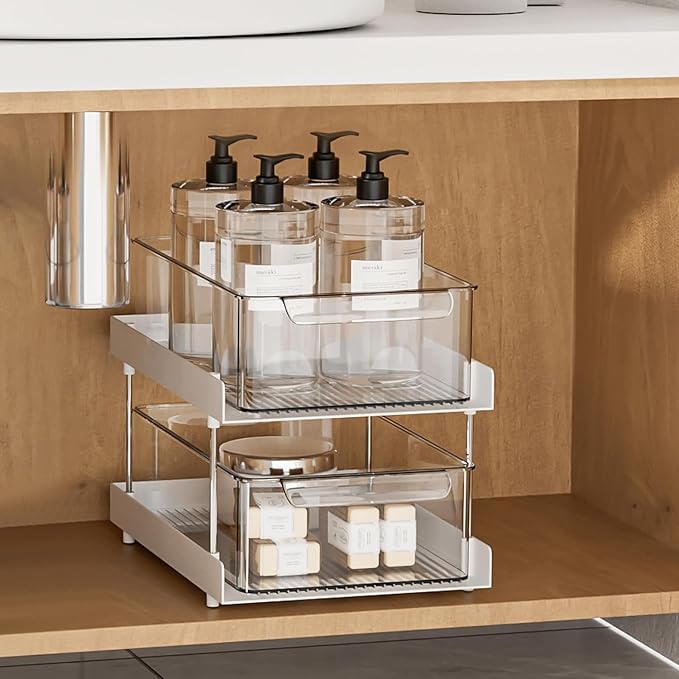 JD FRESH Plastic 2 Tier Cosmetics, Stationery Under Sink Organiser/Clear Bathroom Cabinets/Vanity Countertop Storage Container/Medicine Cabinet/Drawers Bins/Pull-Out Organization with Track